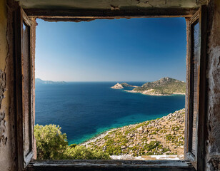 View from the window of an abandoned house overlooking the magnificent Aegean islands