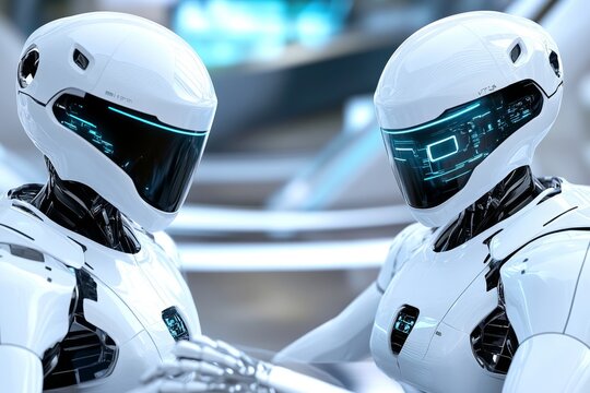 A robot laughing alongside humans in a futuristic setting, symbolizing the integration of humor and connection in a high-tech world