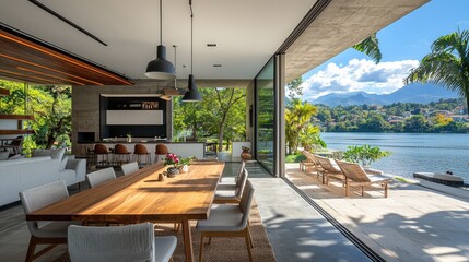 Obraz premium Modern Villa with Open Plan Living Area by Water