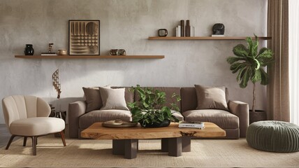 Modern living room with brown sofa, wooden coffee table, and plants.