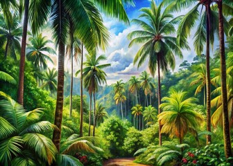 Obraz premium Tropical Forest Palm Trees Sketch - Lush Greenery, Nature Illustration for Eco-Friendly Designs