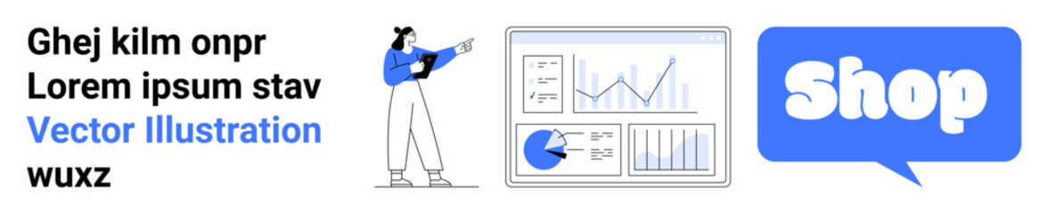 Professional points to analytics dashboard and Shop button. Ideal for e-commerce, digital marketing, sales analysis, online shopping, and data management. Banner for landing page