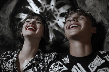 Dark, gothic figure laughing with a friend in a shadowy forest, with eerie light and deep shadows highlighting the unexpected joy of shared laughter