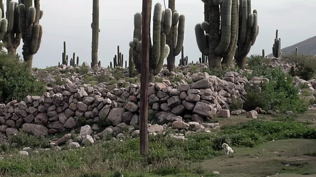 Stray Dog Chewing Bone by Ancient Fortification Ruins in Tilcara, Jujuy Province, Argentina