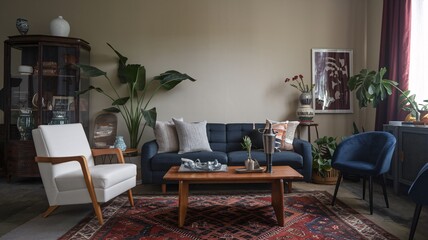 A cozy living room with a blue couch, two armchairs, a coffee table, a rug, and plants.