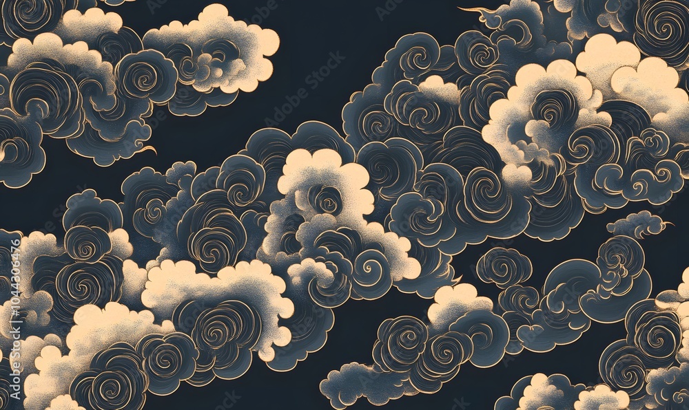 Wall mural a pattern design based on a traditional japanese cloud motif in a blue color , generative ai