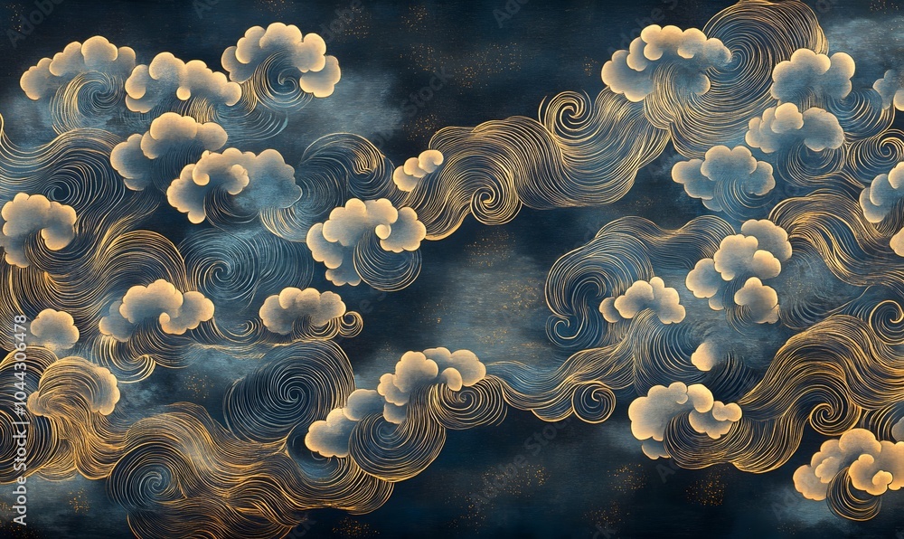 Wall mural a pattern design based on a traditional japanese cloud motif in a blue color , generative ai