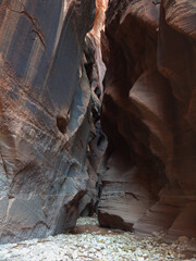 Walking between narrow rippled red rock sandstone canyon walls in Buckskin Gulch