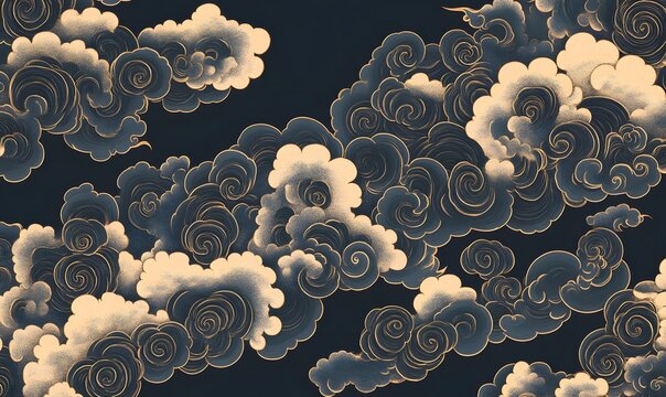 A pattern design based on a traditional Japanese cloud motif in a blue color , Generative AI