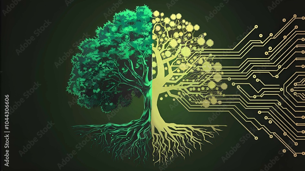 Poster technology-driven tree representing environmental innovation and green tech