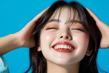 Hyper-realistic close-up of a person smiling with joy, capturing every detail of their happiness in the moment