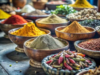 Fototapeta premium Vibrant Spices in Wooden Bowls at a Market - Colorful Culinary Ingredients for Cooking Inspiration