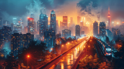 Panoramic View of Futuristic Smart City with Automated Transport and Eco-Friendly Buildings