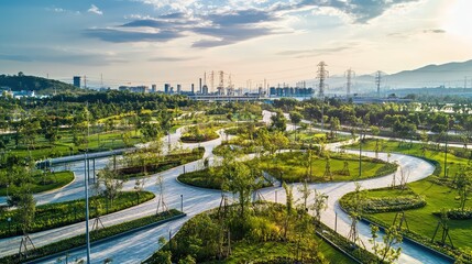 Fototapeta premium Beautifully Landscaped Power Plant Campus View