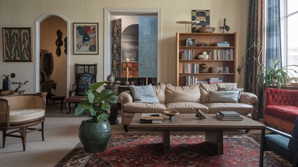 A spacious living room with a beige sofa, a coffee table, a rug, a large plant, and a bookshelf with books.