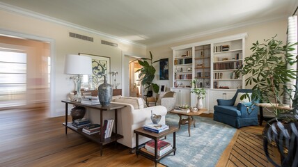 Fototapeta premium A well-furnished living room with a couch, two armchairs, bookshelves, and a coffee table.