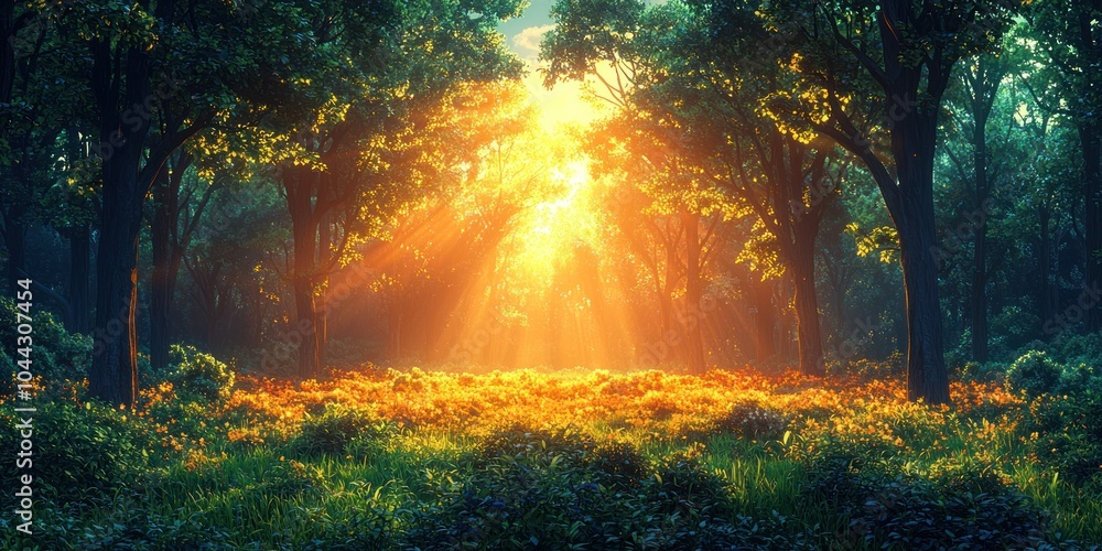 Poster golden sunlight filtering through a dense forest canopy