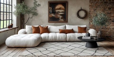 Sectional Sofa in Rustic Living Room with Olive Trees