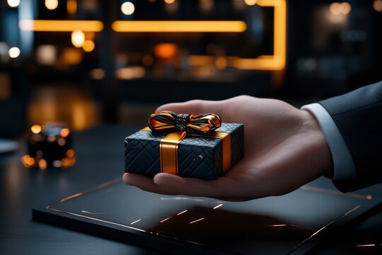 Hyper-realistic scene of a person receiving a small thank-you gift, showing the detail and emotion in the gesture of appreciation