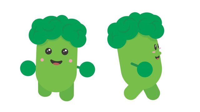 Cartoon illustration of broccoli vegetable characters walking front and side view. Transparent background. alpha channel setting