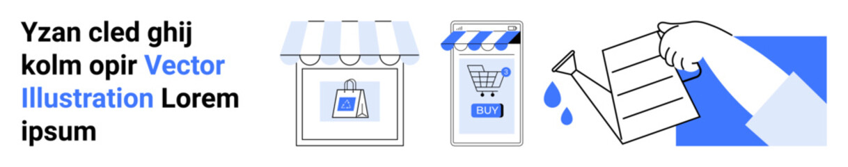 Storefront with a shopping bag, mobile device with a shopping cart, and a hand holding a delivered package. Ideal for online shopping, e-commerce, digital marketing, mobile apps, and website design