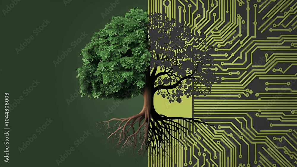 Poster tree growing from a circuit board symbolizing the fusion of nature and technology promoting innovati