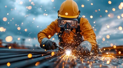 Underwater welder repairing a large metallic gate with sparks illuminating the aquatic environment creating a dynamic and hazardous industrial scene in the deep blue sea