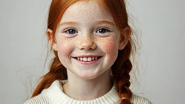 A young girl with red hair and freckles smiles brightly at the camera