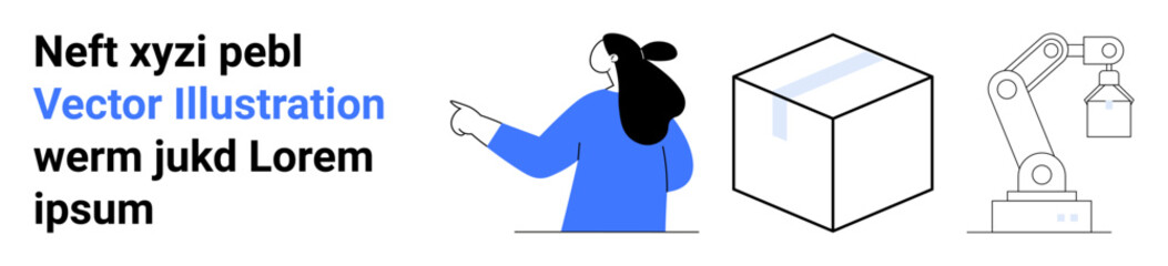 Woman in blue pointing at a package and a robotic arm. Ideal for automation concepts, industrial processes, AI integration, manufacturing technology, and packaging systems. Banner for landing page