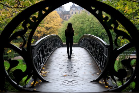 Retro depiction of a person standing on a bridge, looking back with a smile, capturing the nostalgic feeling of reflecting on lifeâ€™s journey with gratitude