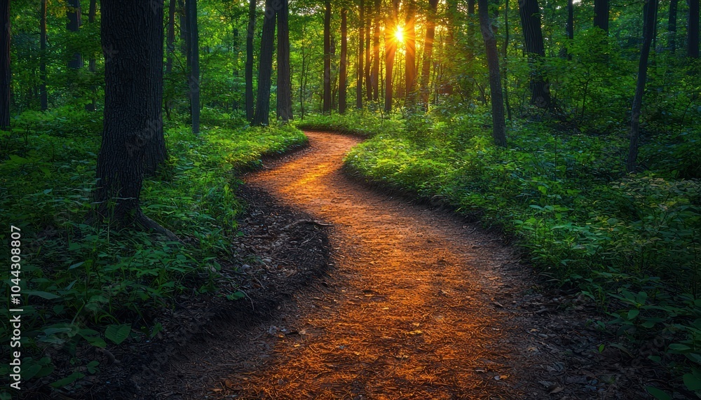 Poster sunlit path winding through a dense forest