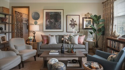 A cozy living room with a grey sofa, two armchairs, a coffee table, and a bookshelf.