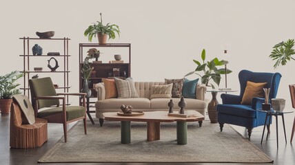 A modern living room interior with a white sofa, two armchairs, a coffee table, plants, and a bookshelf.