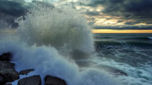 A large wave crashes against the rocks at sunset, creating a beautiful spray of water
