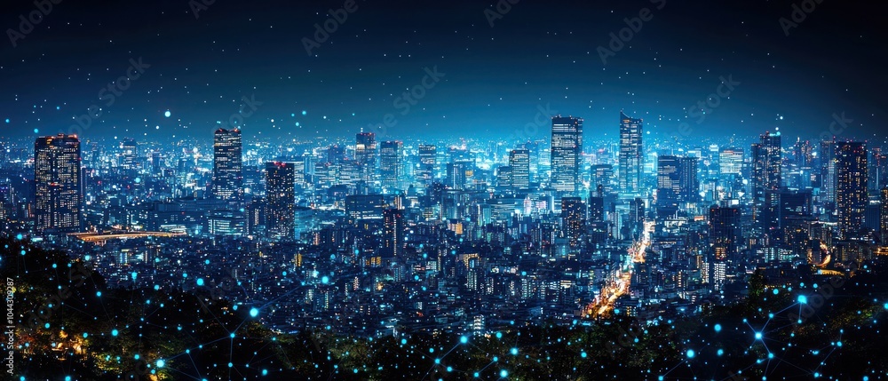 Poster a nighttime view of a cityscape with a digital network overlay