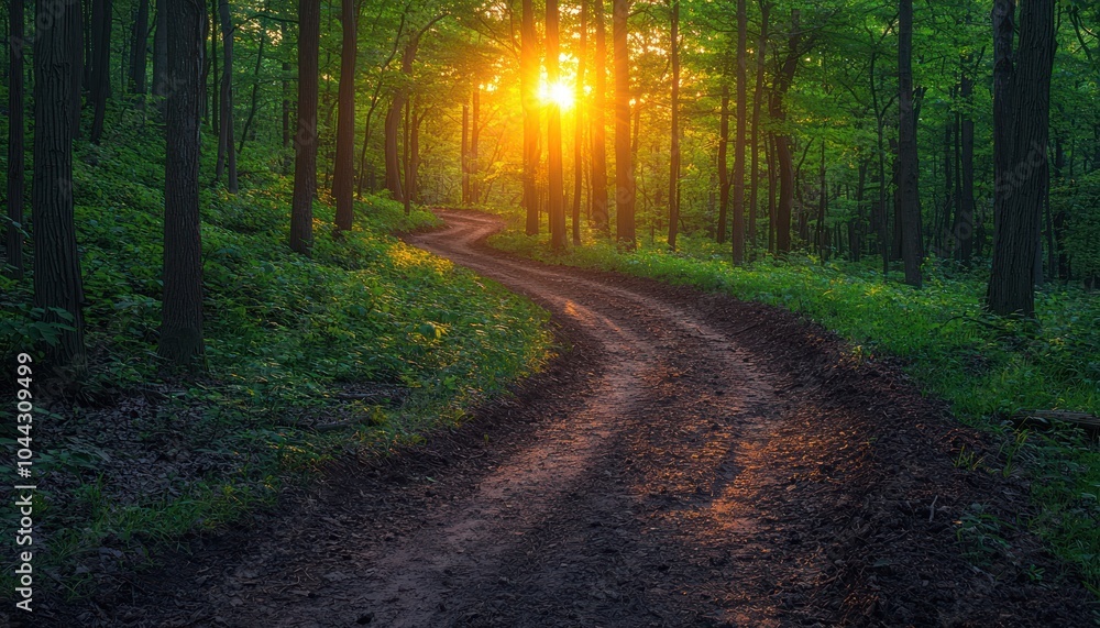 Poster sunbeams through forest trees illuminating a winding dirt path