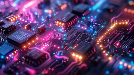 Fototapeta premium Close-Up of Intricate Digital Circuitry with Glowing Lines and Vibrant Colors