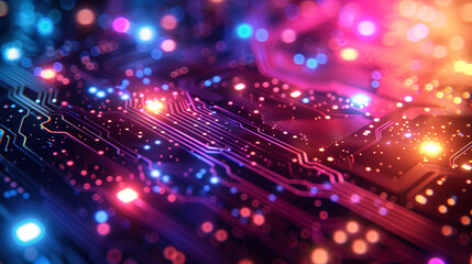 Obraz premium Close-Up of Intricate Digital Circuitry with Glowing Lines and Vibrant Colors
