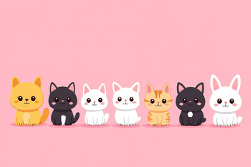 Naklejka premium Cute cartoon animals featuring lineup of adorable kittens and bunny on pink background, perfect for childrens illustrations or playful designs