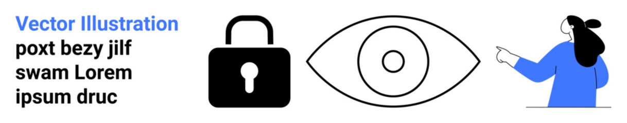Lock symbol represents security, the eye signifies surveillance, and a person pointing highlights user attention. Ideal for cybersecurity, privacy, surveillance, technology, and online safety. Banner