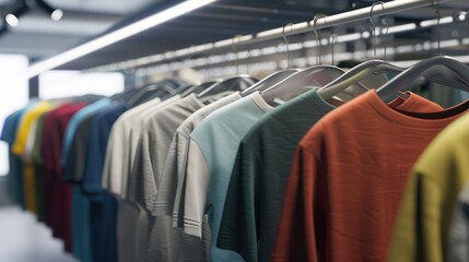 Obraz premium Colorful T-shirts on Hangers in a Clothing Store