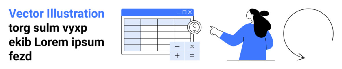 Person pointing to financial data on a spreadsheet with magnifying glass and calculator symbols. Ideal for finance, accounting, data analysis, budgeting, business management, and financial education