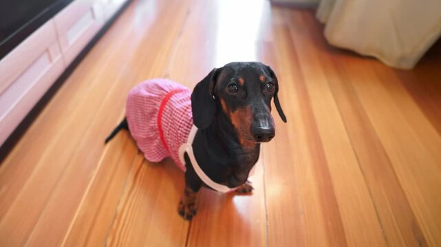 Dachshund dog in knitted house dress sits on floor of room, shot at wide angle, barks displeasedly jealously from lack of attention Pampered pet in clothes, annoyingly calling to play Family leisure