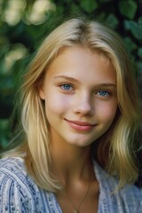 Naklejka premium Portrait of young blonde woman with neutral smile and blue eyes