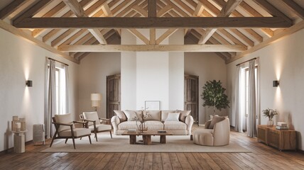 farmhouse living room A spacious living room with a modern farmhouse style features a light-colored sofa, armchairs, a wooden coffee table, and a large window overlooking a garden.