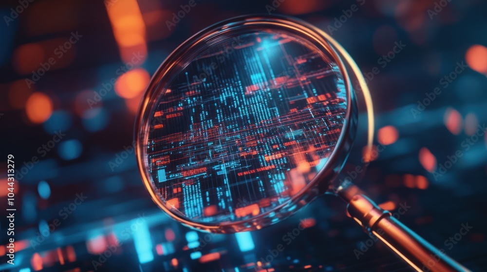 Poster a magnifying glass over a digital circuit pattern, symbolizing technology and analysis.