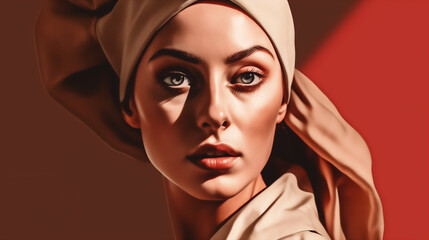 Close up portrait of a woman wearing a head scarf or a bandana. AI generated illustration. Beige and brown colors, monochromatic style, minimal concept of working class. Background with copy space.