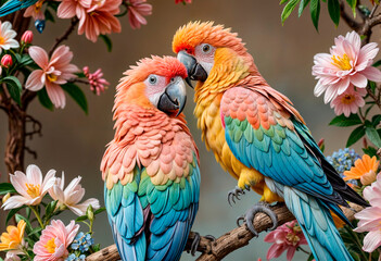 a professional shot  of multicolored parrots with pastel hue, perch beak-to-beak on a branch close to each other - generated by ai