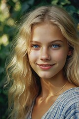 Naklejka premium Blonde woman with wavy hair smiling softly in outdoor natural setting
