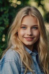 Obraz premium Young blonde woman in denim jacket smiling gently in outdoor setting